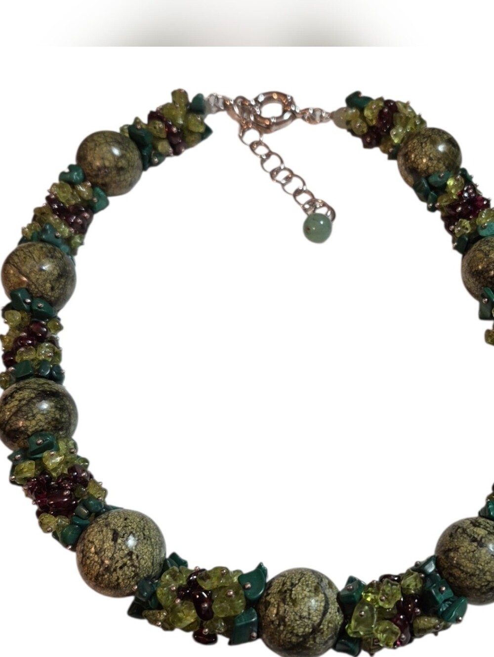 Sterling Silver 925 Snakeskin Jasper Beaded Gemstone Statement Necklace.